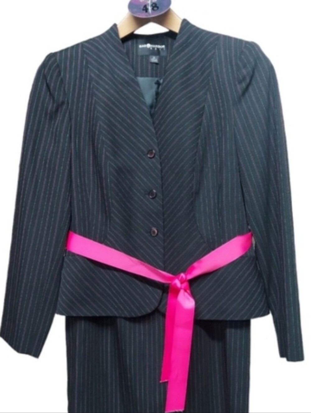 Sag Harbor 2 Piece Pinstriped Career Blazer Skirt Set Contrasting Pink Belt Plus - Picture 13 of 16